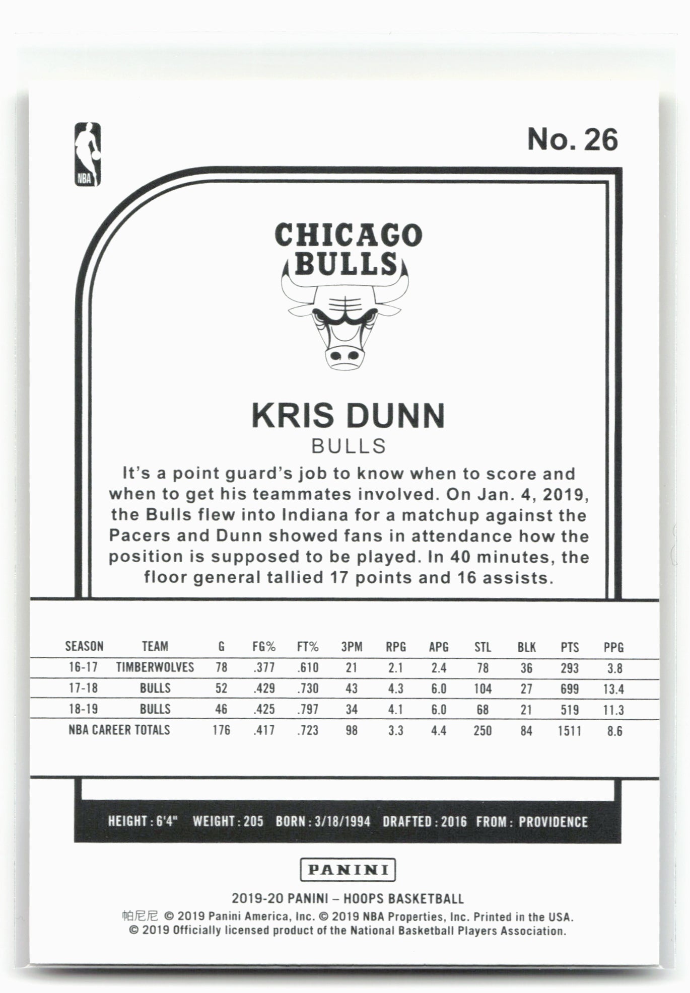 2019-20 Hoops #26 Kris Dunn Yellow