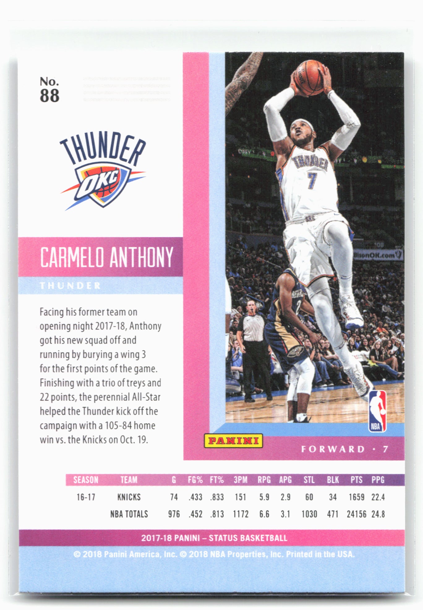 2017-18 Panini Status #88 Carmelo Anthony