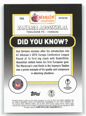 
2023-24 Merlin UEFA Club Competitions #132 Zakaria Aboukhlal Refractor