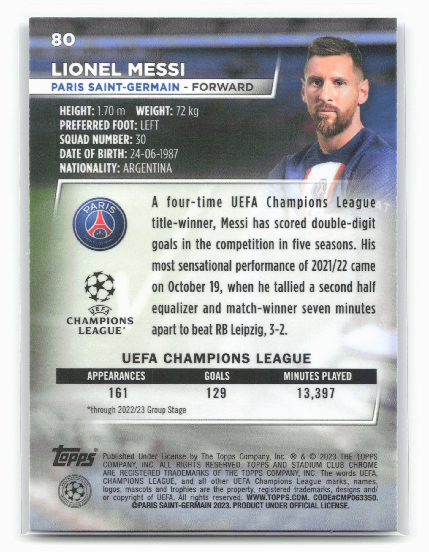2022-23 Stadium Club Chrome UEFA Club Competitions #80 Lionel Messi 27442
