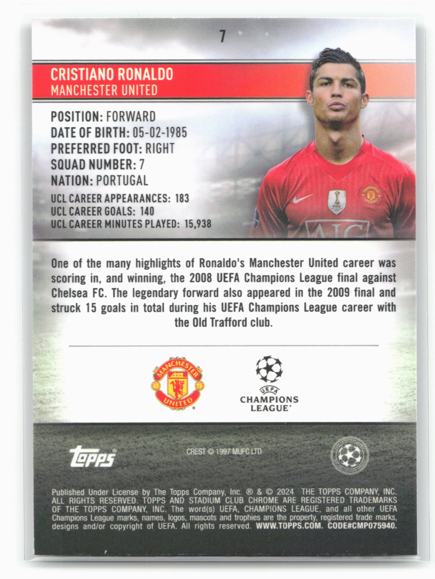 2023-24 Stadium Club Chrome UEFA Champions League #7 Cristiano Ronaldo 27444