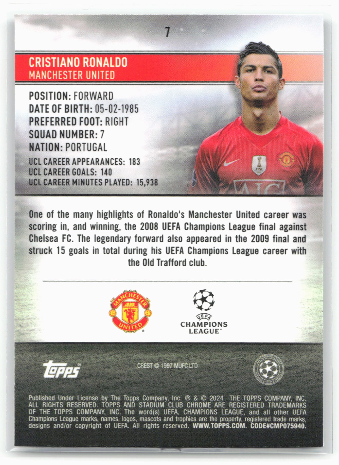 2023-24 Stadium Club Chrome UEFA Champions League #7 Cristiano Ronaldo 27446