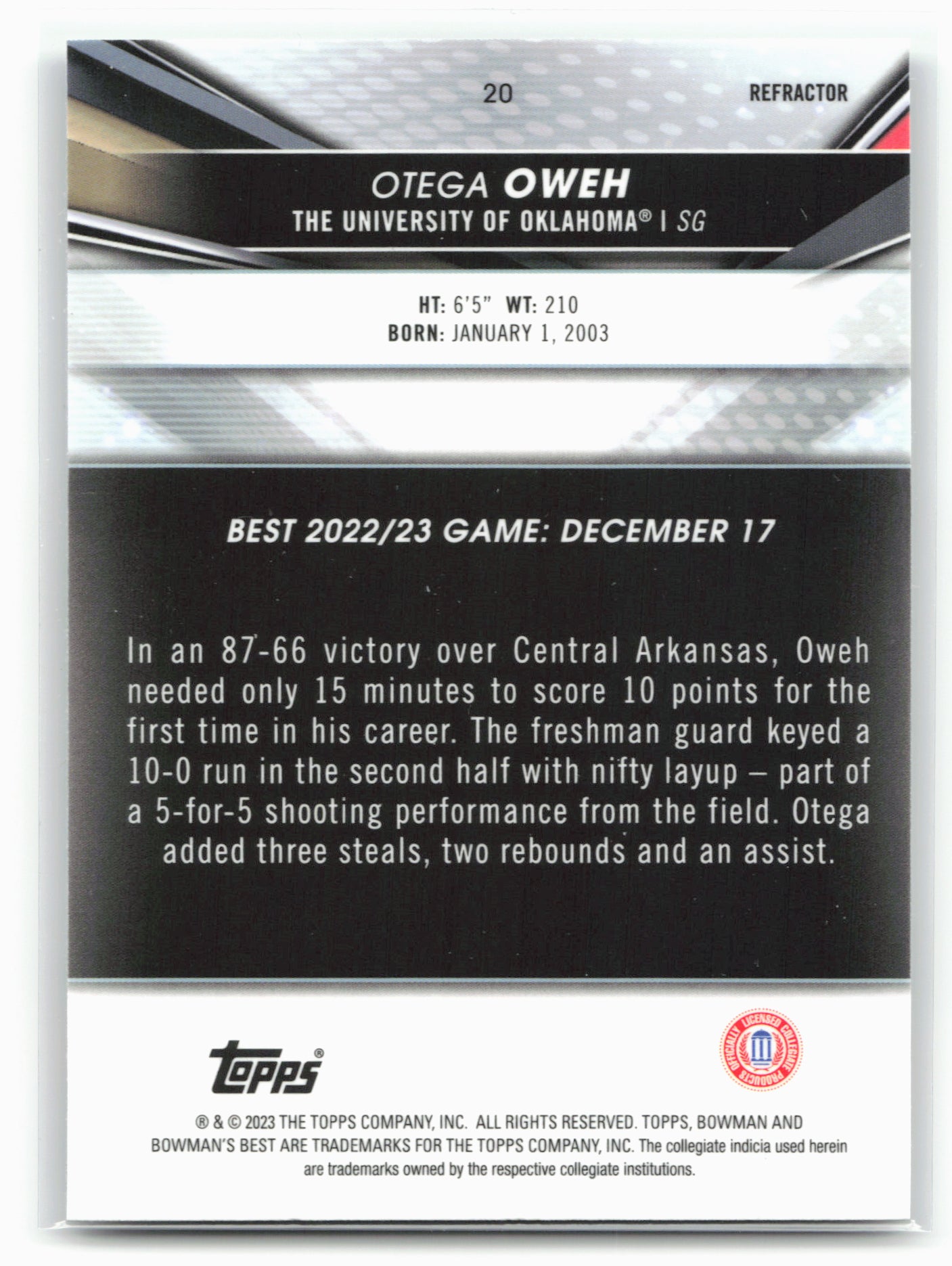 2022-23 Bowman University Best #20 Otega Oweh Refractors