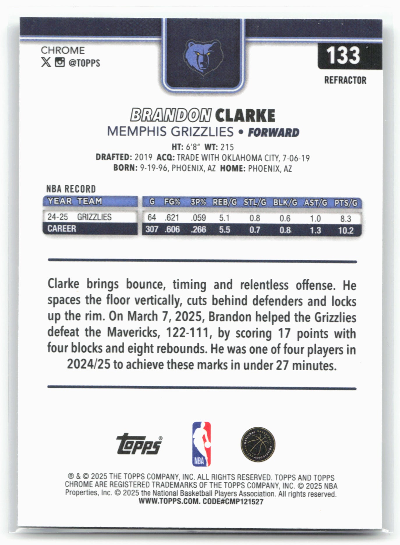 2025-26 Topps Chrome #133 Brandon Clarke Refractor 27454