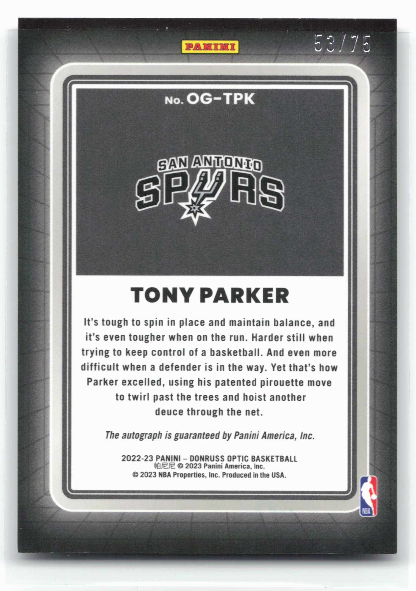 2022-23 Donruss Optic #OG-TPK Tony Parker Opti-Graphs #/75