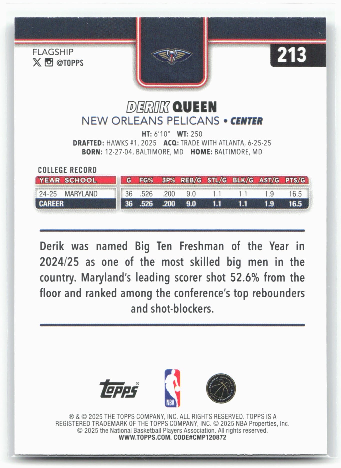 2025-26 Topps #213 Derik Queen Diamante 27462