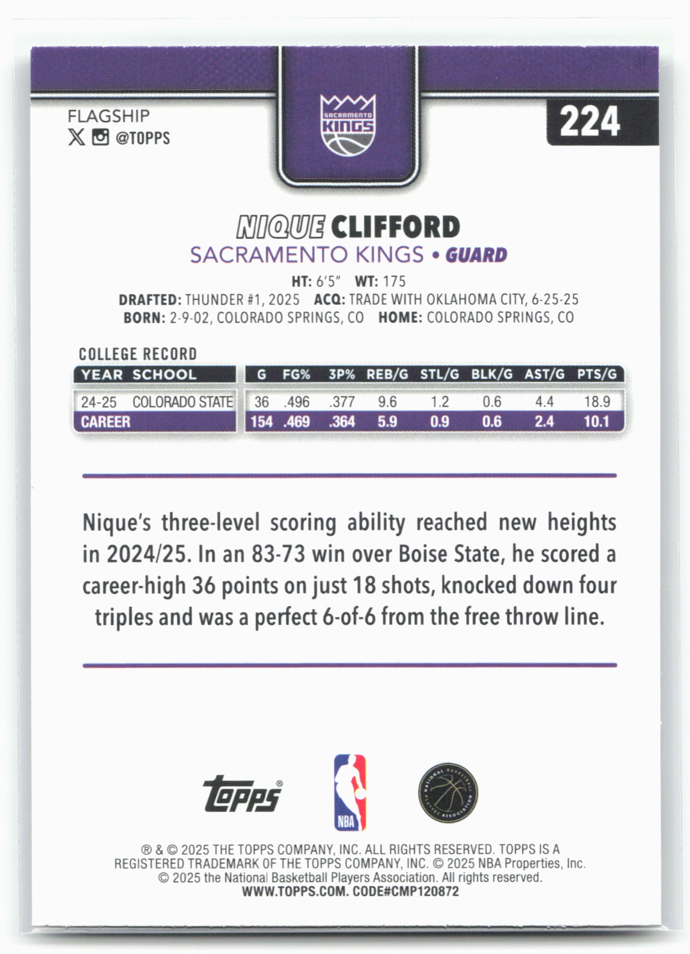 2025-26 Topps #224 Nique Clifford Diamante 27463