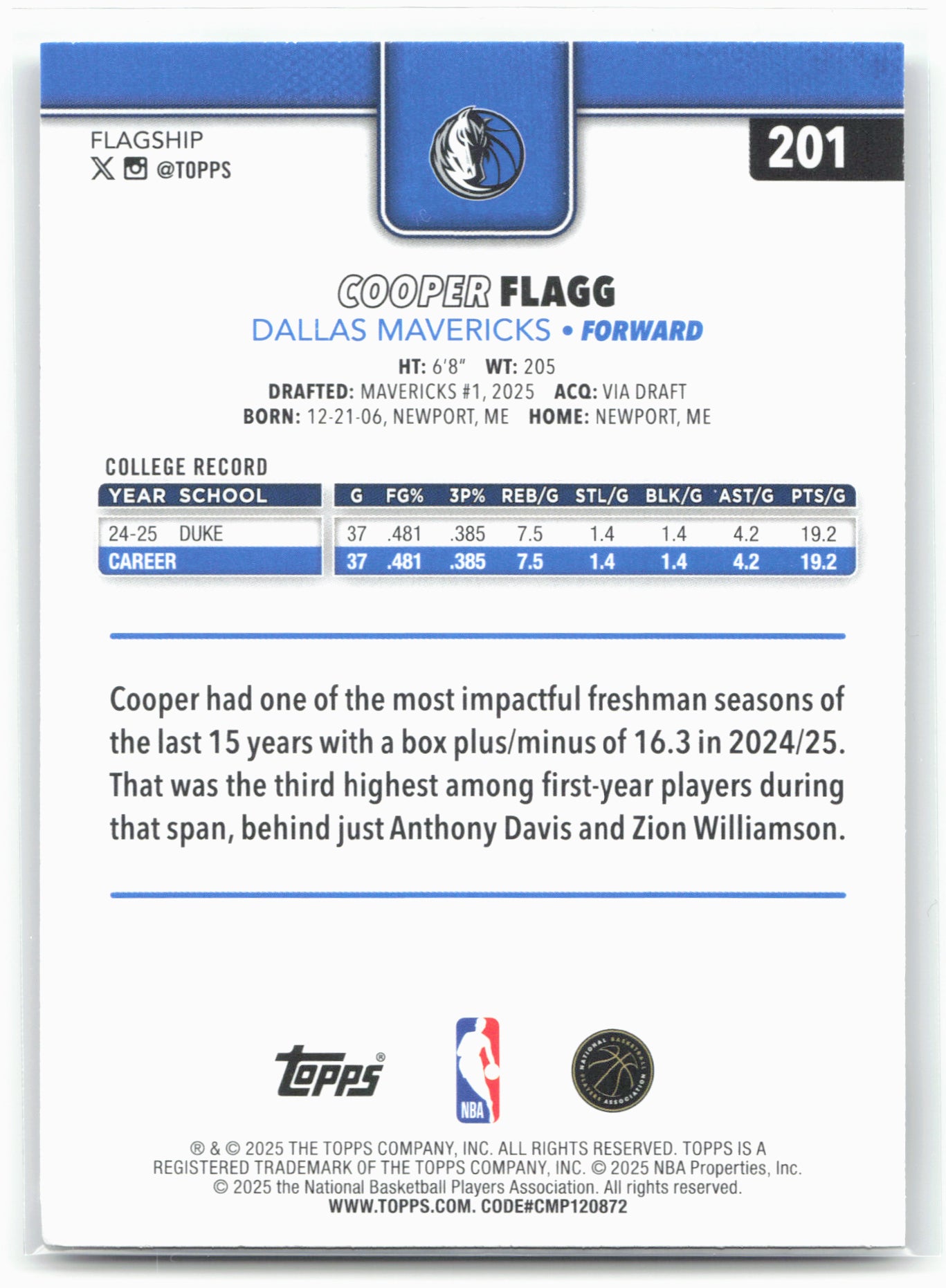2025-26 Topps #201 Cooper Flagg 27469