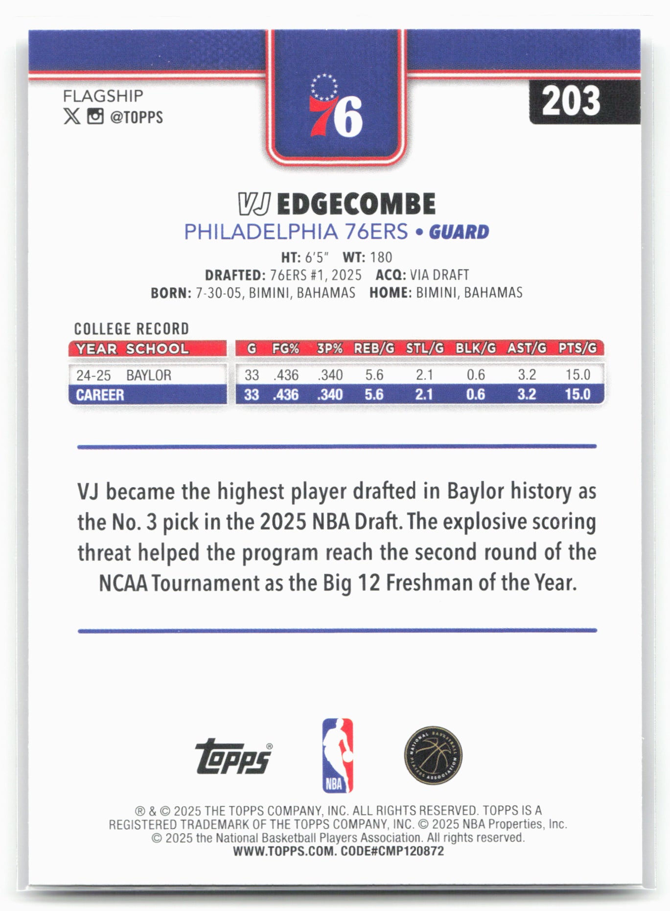 2025-26 Topps #203 VJ Edgecombe 27528