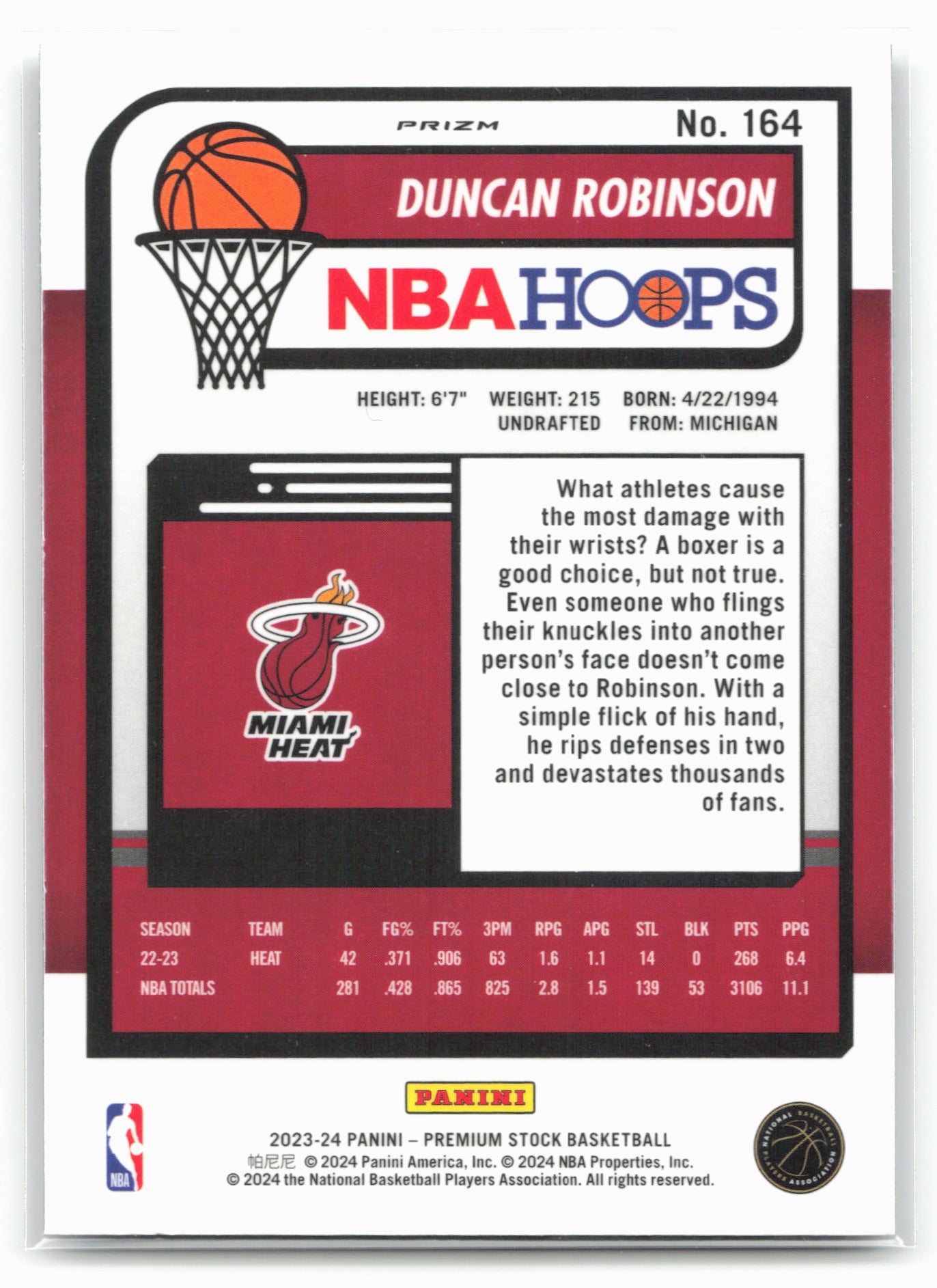 2023-24 Hoops Premium Stock #164 Duncan Robinson Seismic Prizm 27549