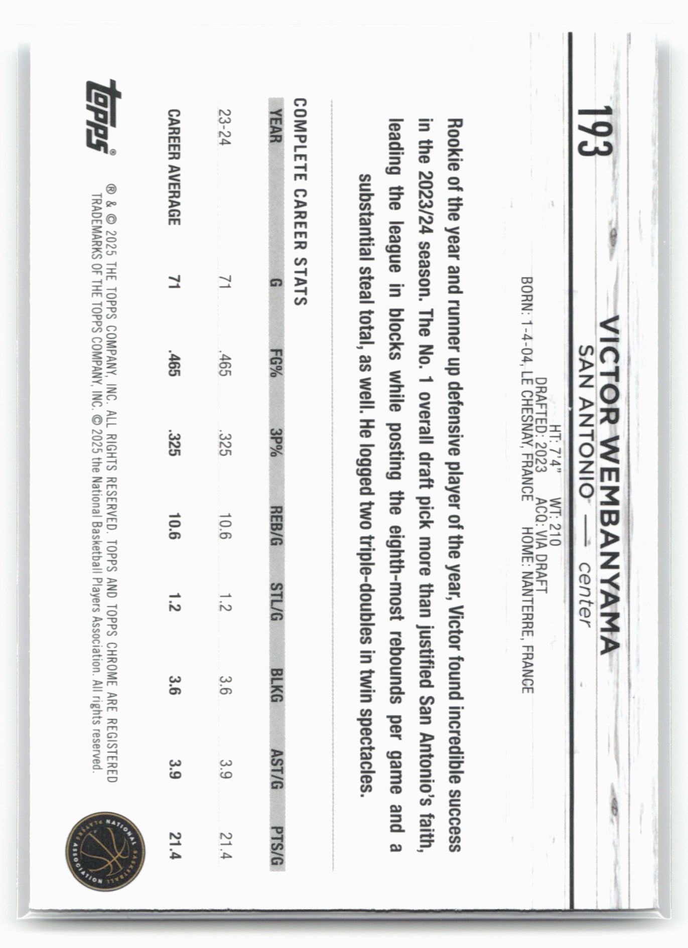 2024-25 Topps Chrome #193 Victor Wembanyama 27578