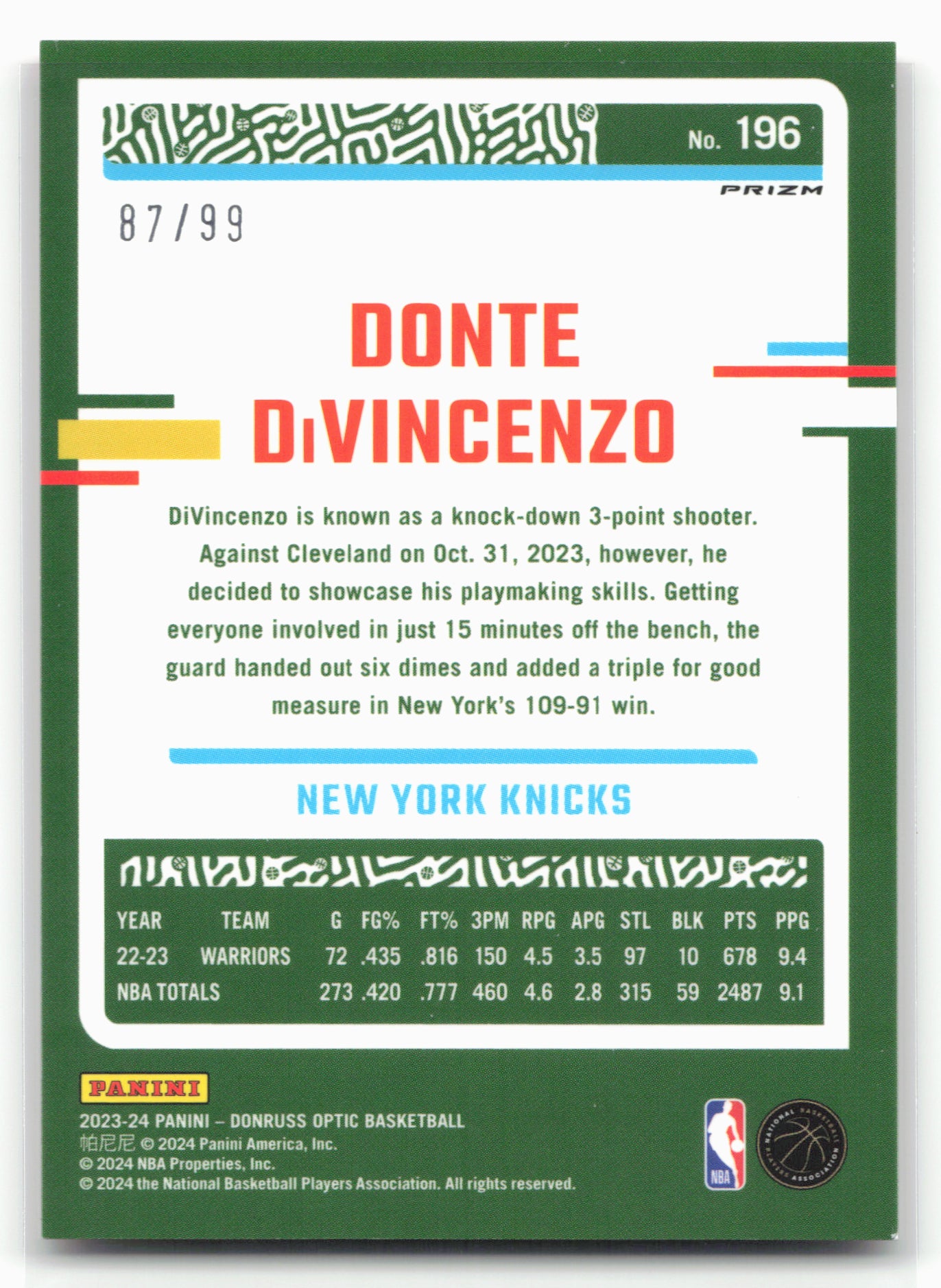 2023-24 Donruss Optic #196 Donte DiVincenzo Red #/99