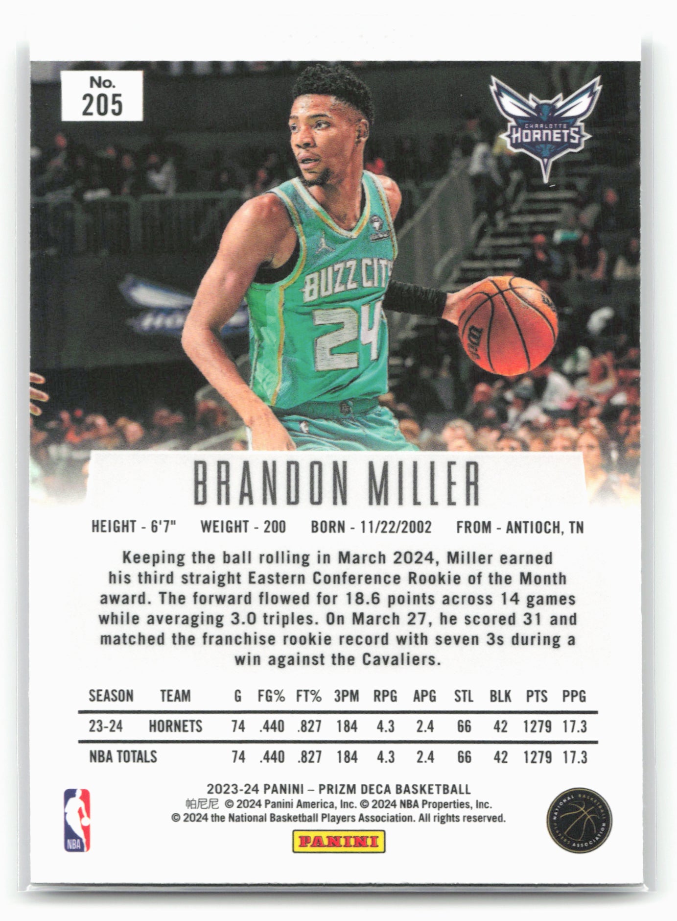 2023-24 Panini Prizm Deca #205 Brandon Miller