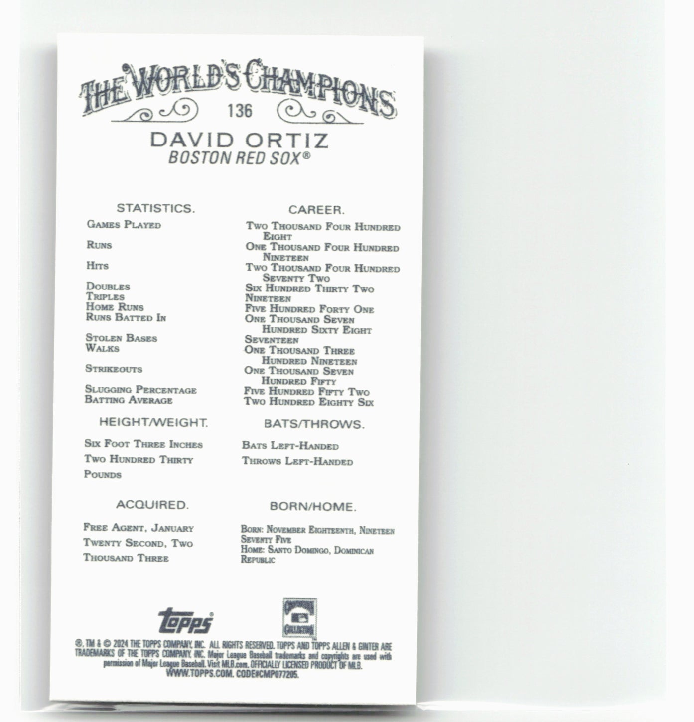 2024 Topps Allen & Ginter #136 David Ortiz Mini Gold Border