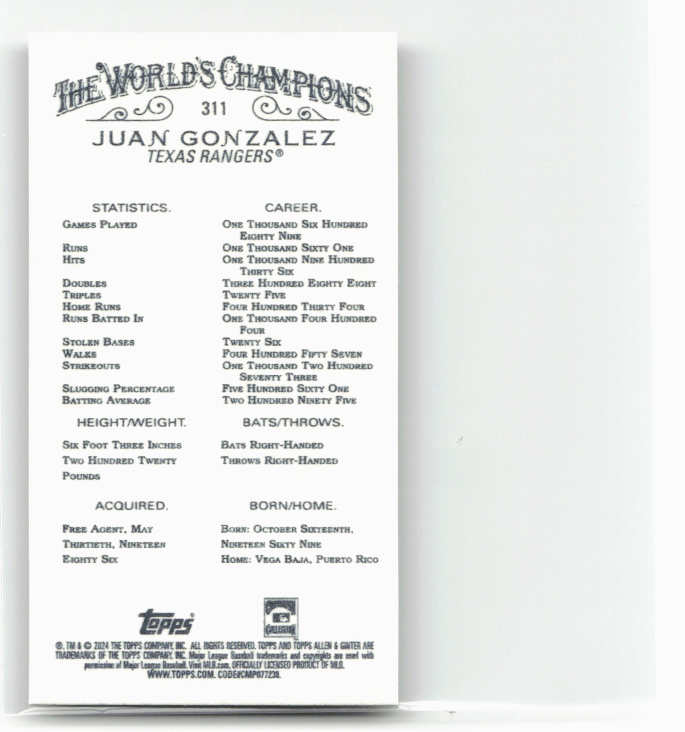 2024 Topps Allen & Ginter #311 Juan Gonzalez Mini Gold Border