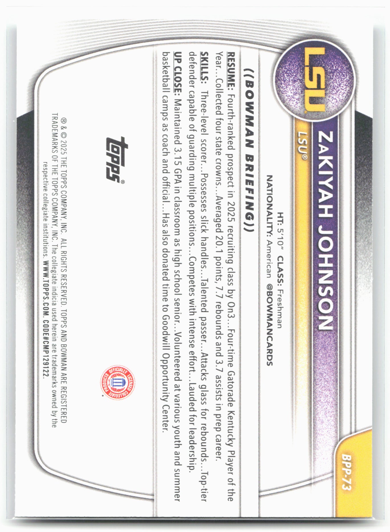 2025-26 Bowman #BPP-73 ZaKiyah Johnson Prospects