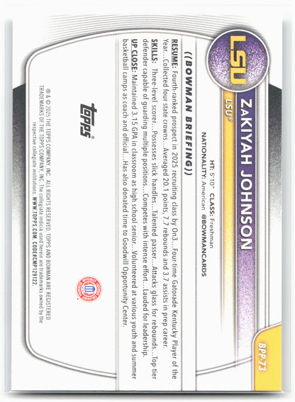 2025-26 Bowman #BPP-73 ZaKiyah Johnson Prospects