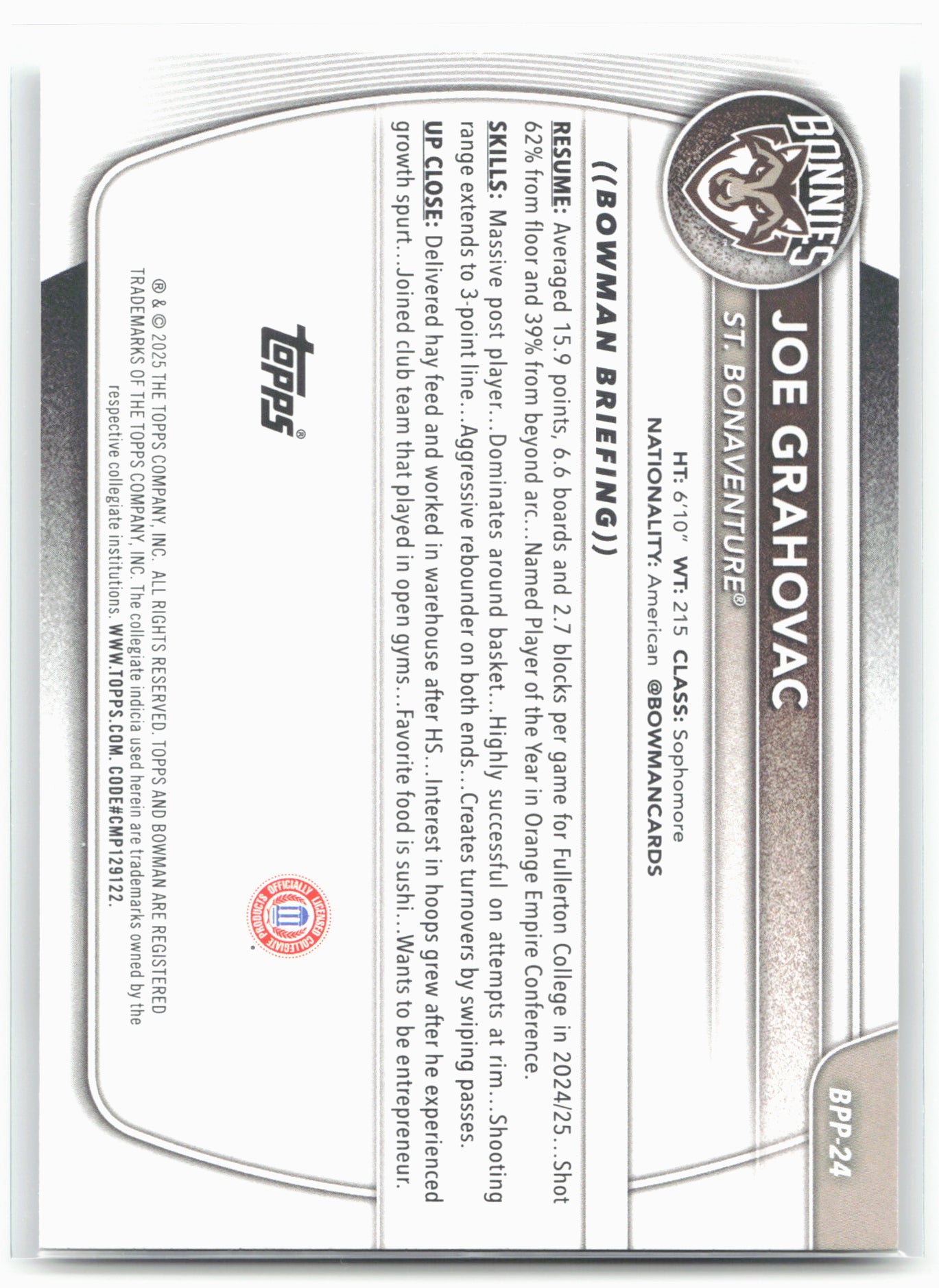 2025-26 Bowman #BPP-24 Joe Grahovac Prospects