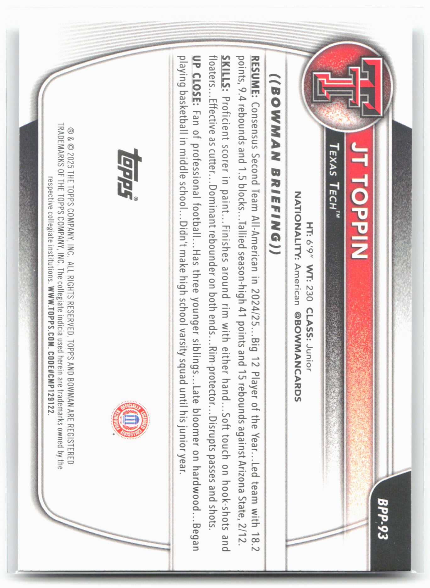2025-26 Bowman #BPP-93 JT Toppin Prospects