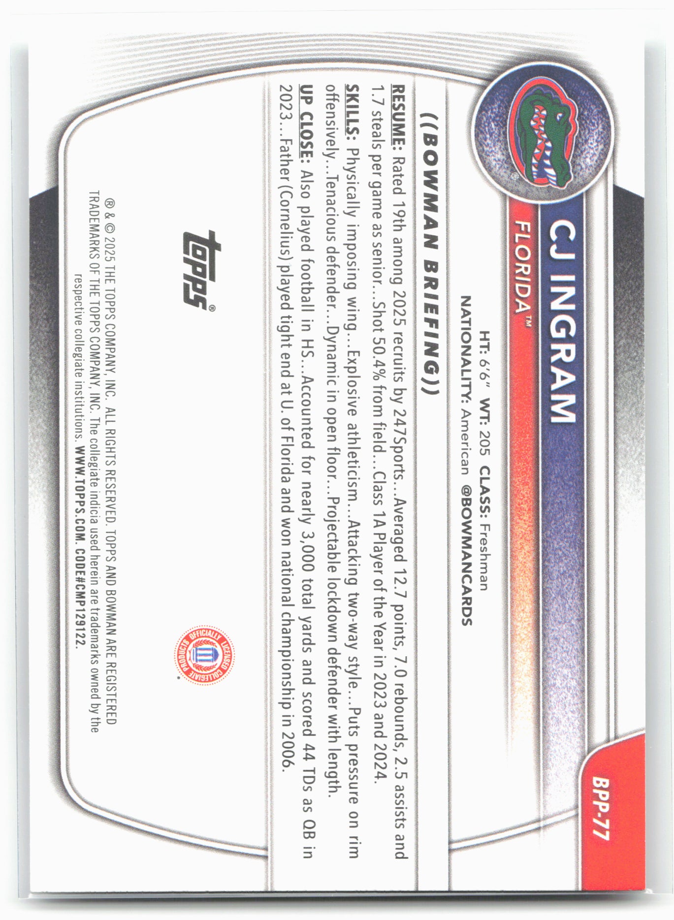 2025-26 Bowman #BPP-77 CJ Ingram Prospects