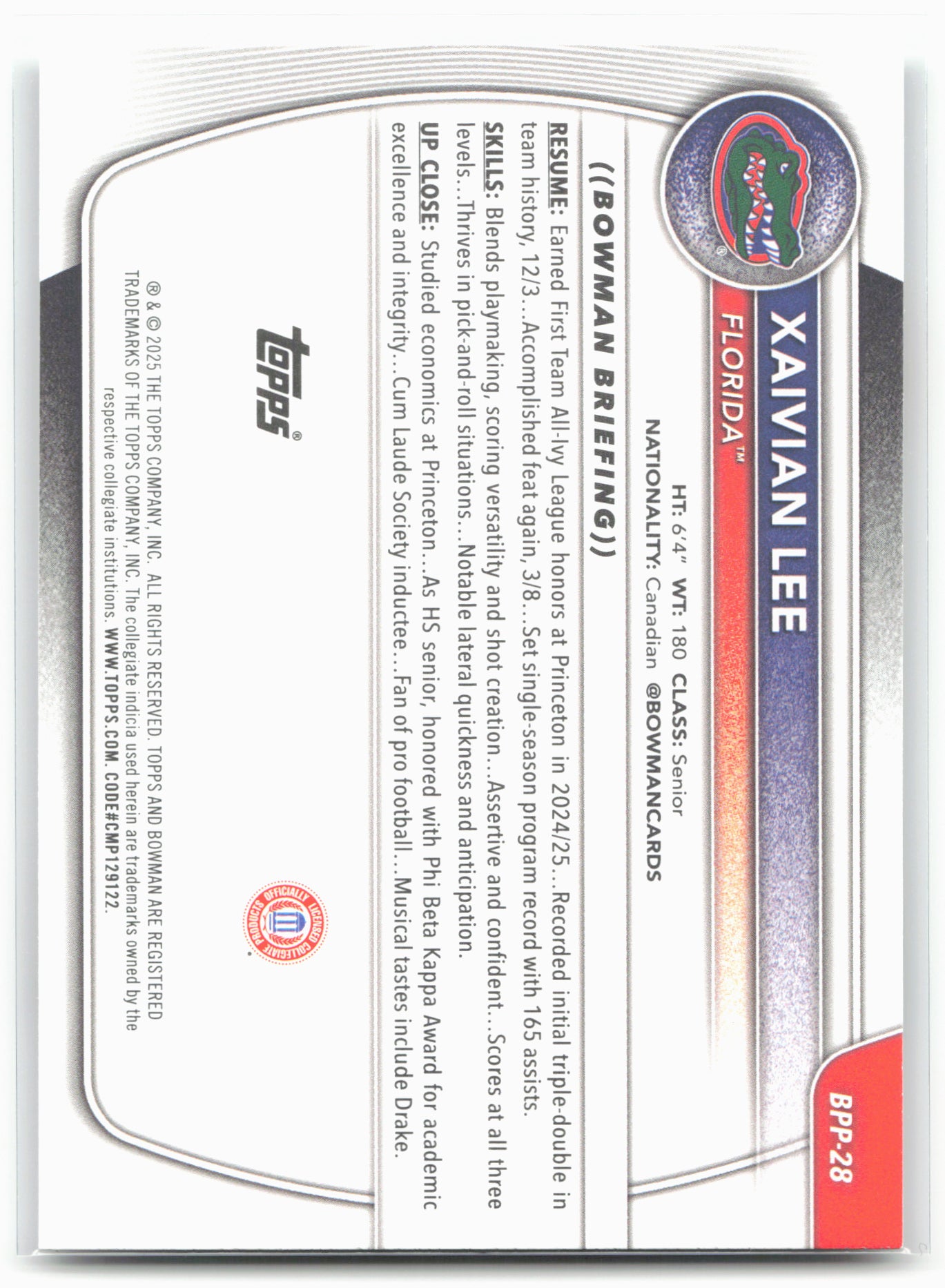 2025-26 Bowman #BPP-28 Xaivian Lee Prospects