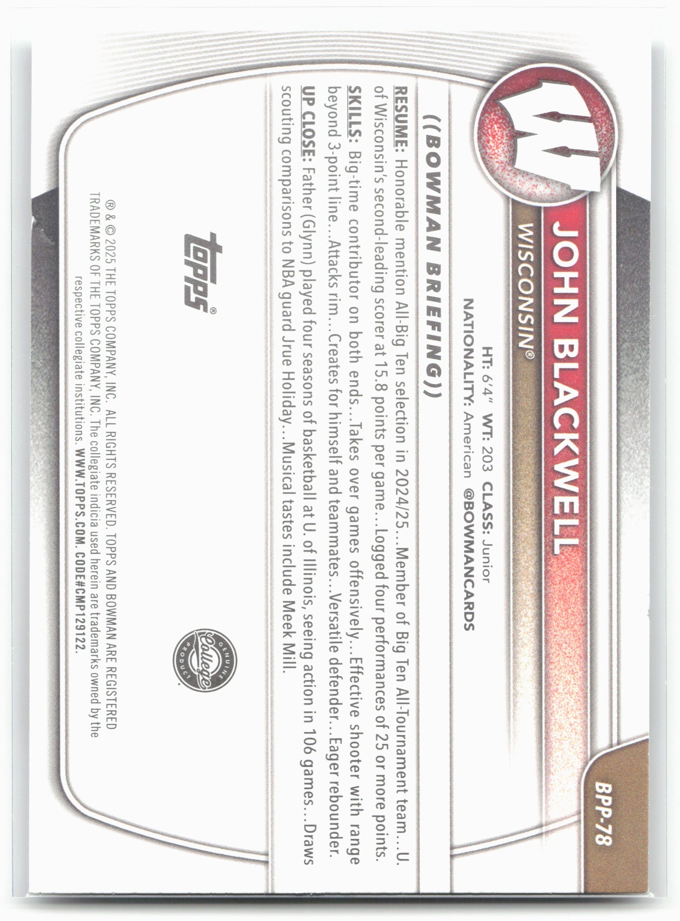 2025-26 Bowman #BPP-78 John Blackwell Prospects