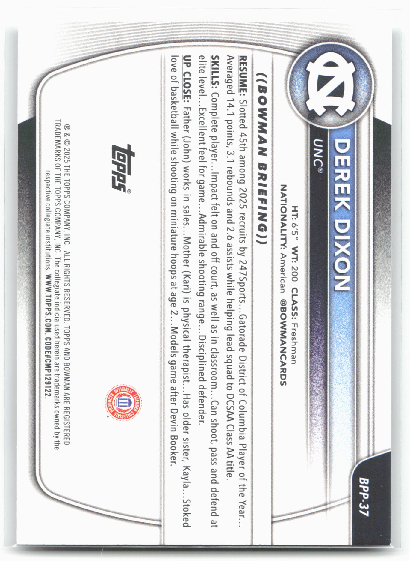 2025-26 Bowman #BPP-37 Derek Dixon Prospects