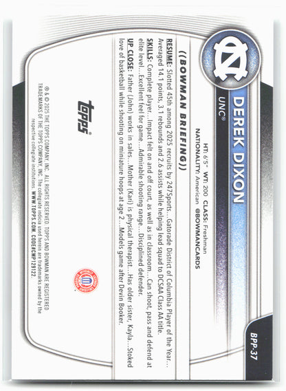 2025-26 Bowman #BPP-37 Derek Dixon Prospects