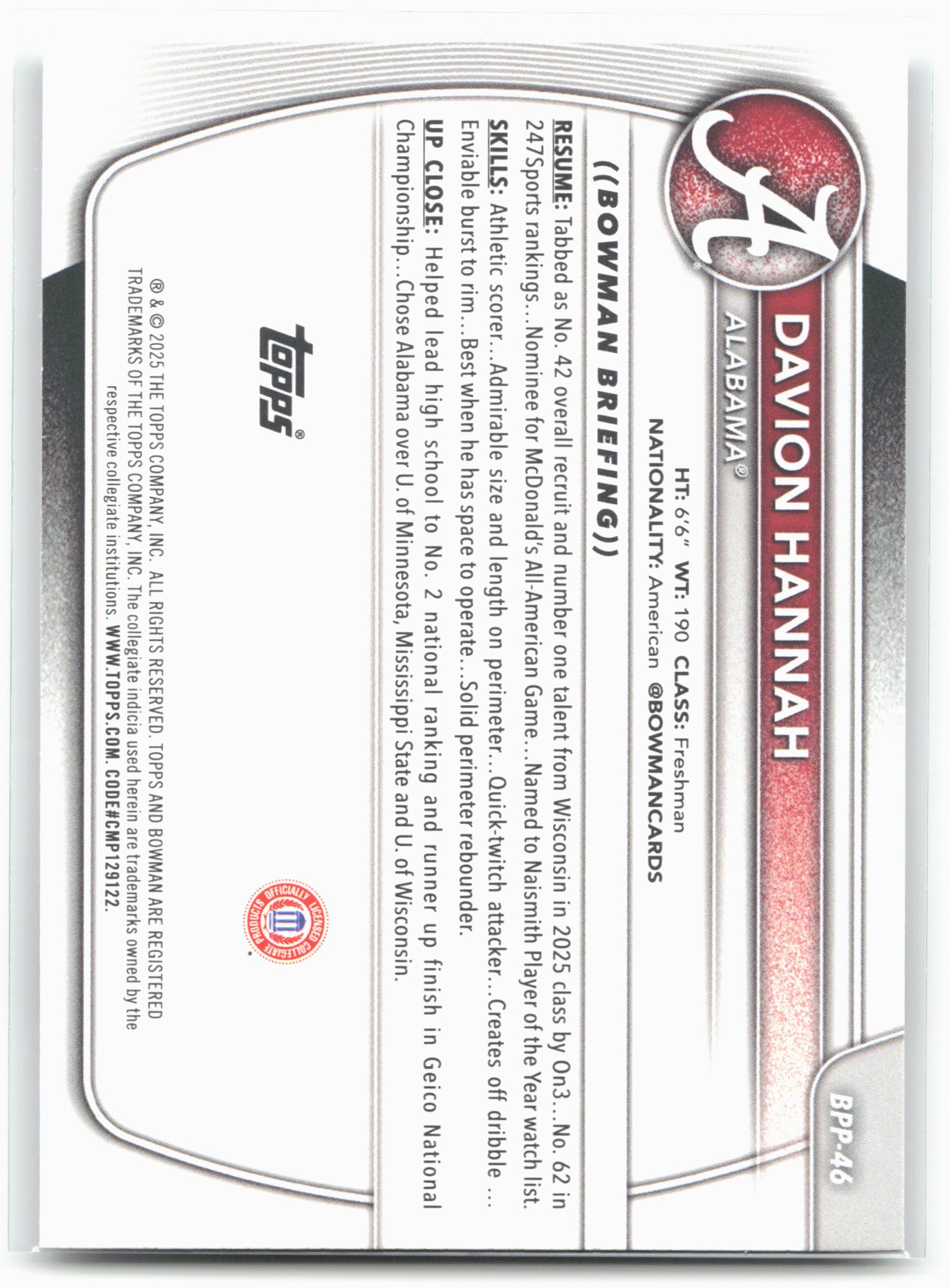 2025-26 Bowman #BPP-46 Davion Hannah Prospects