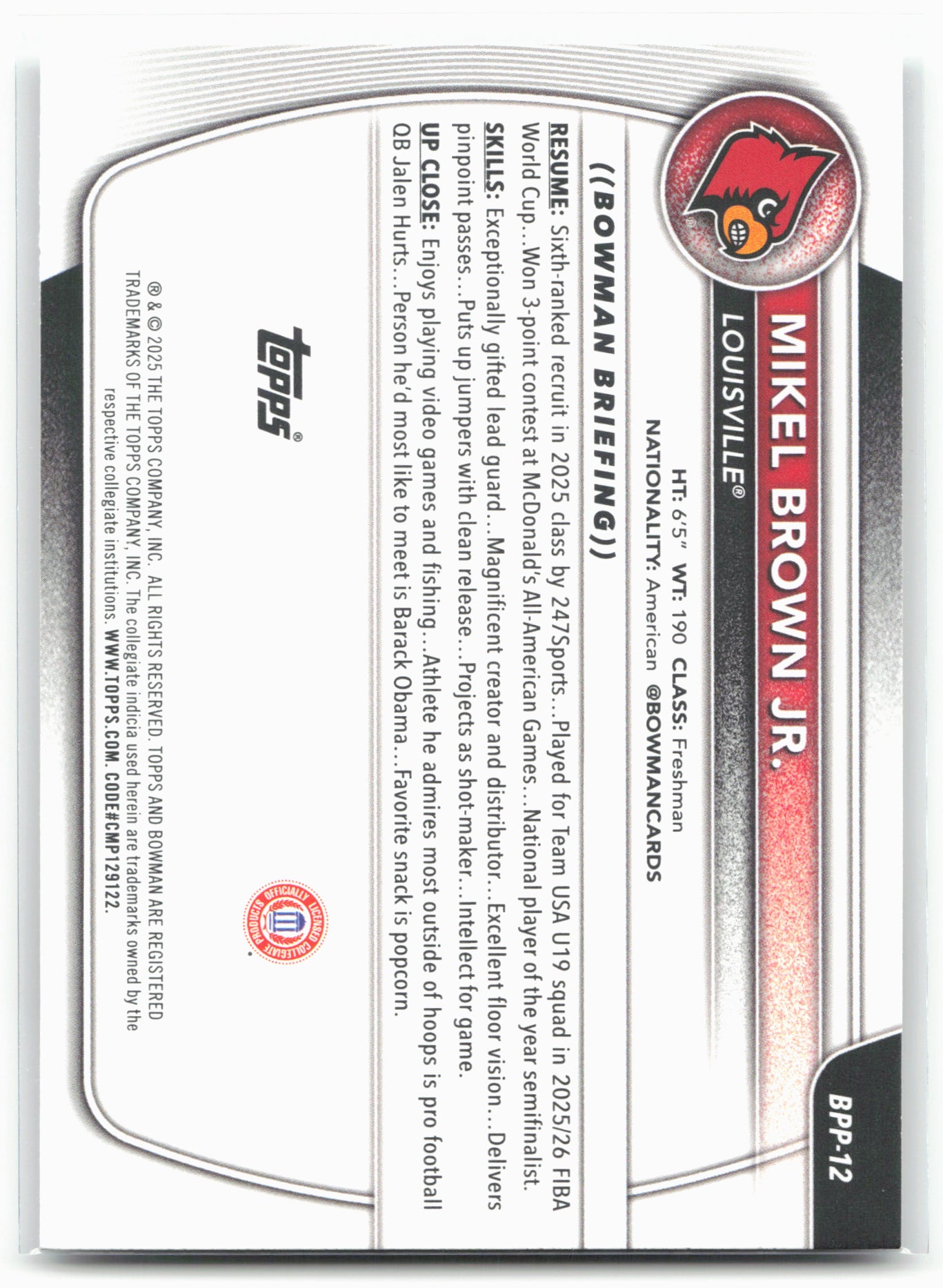 2025-26 Bowman #BPP-12 Mikel Brown Jr. Prospects