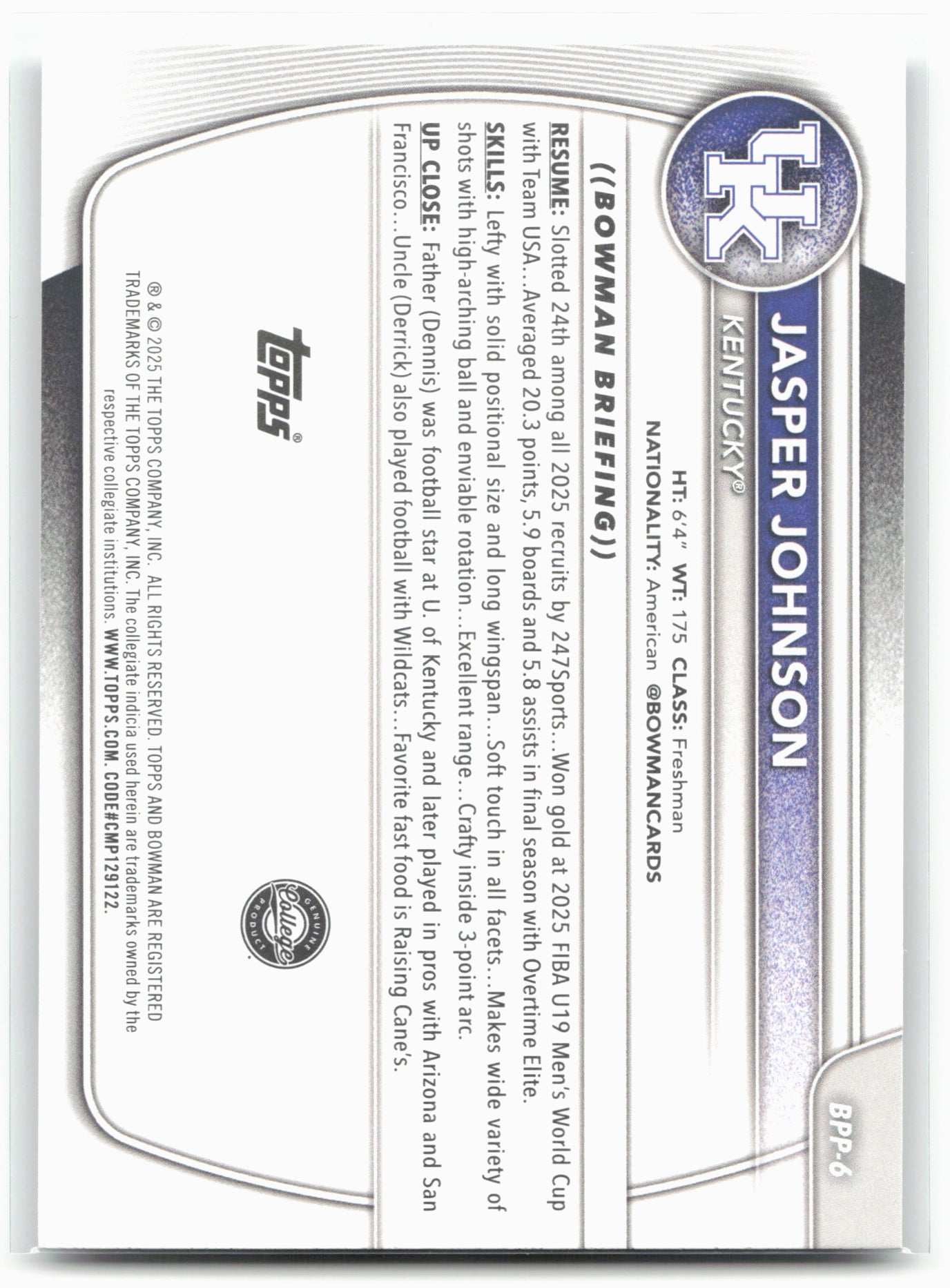 2025-26 Bowman #BPP-6 Jasper Johnson Prospects