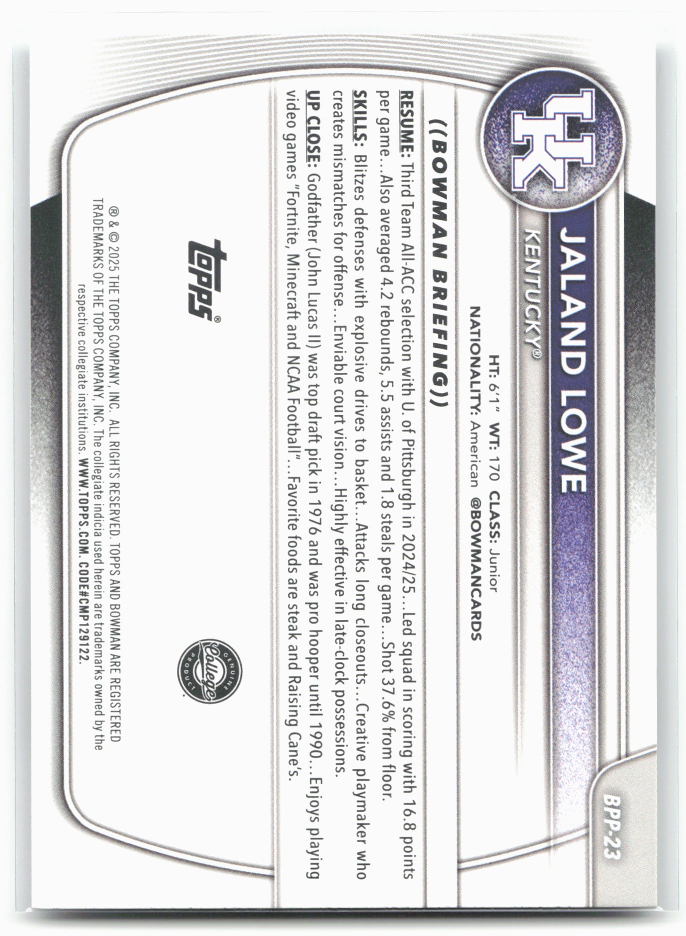 2025-26 Bowman #BPP-23 Jaland Lowe Prospects