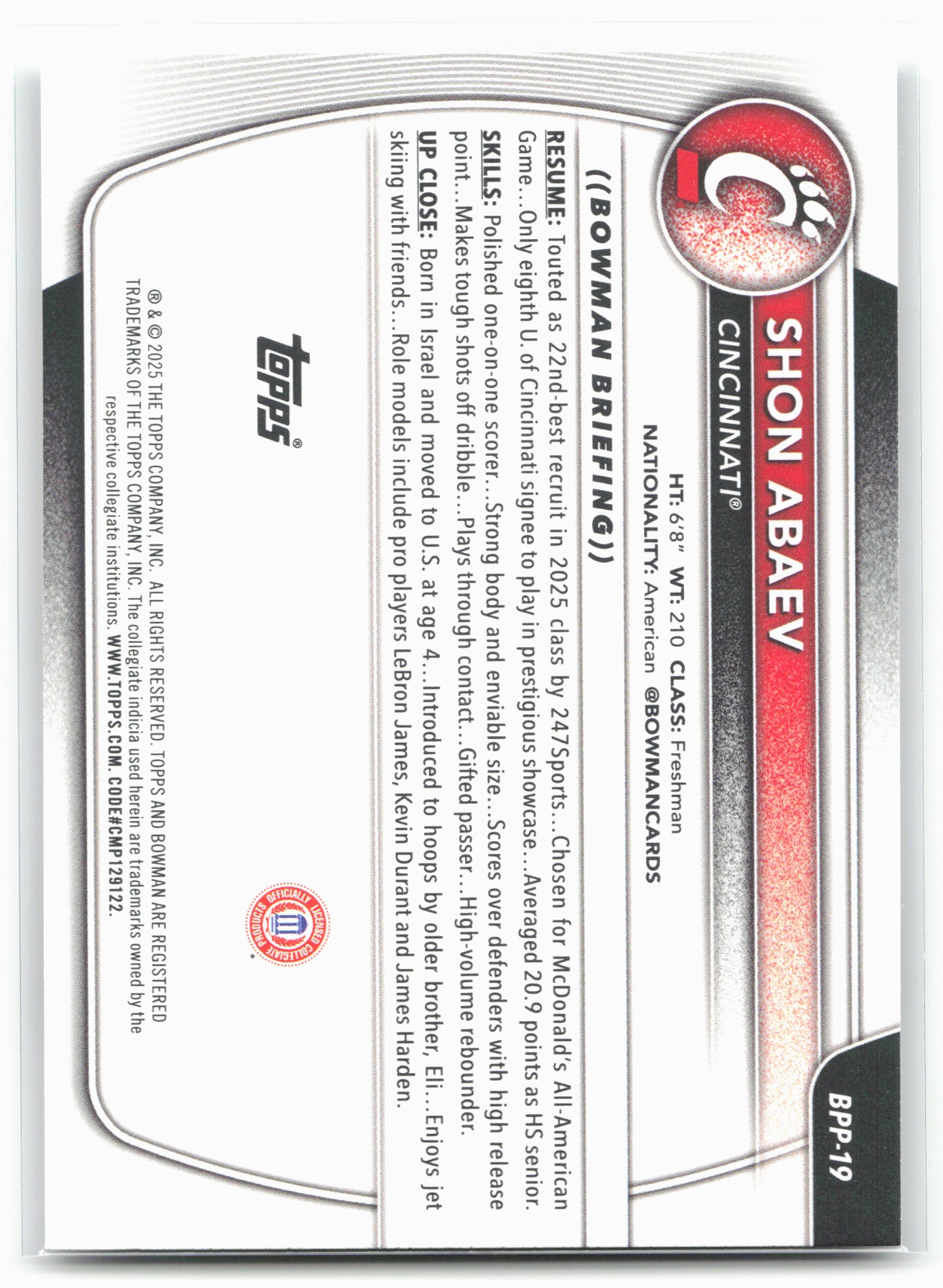 2025-26 Bowman #BPP-19 Shon Abaev Prospects
