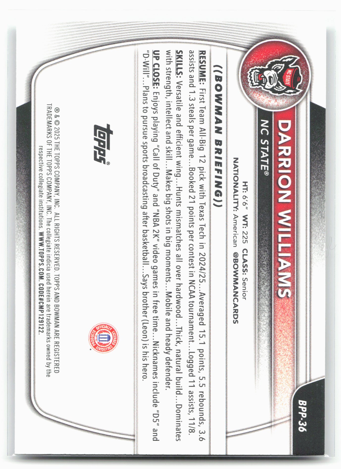 2025-26 Bowman #BPP-36 Darrion Williams Prospects