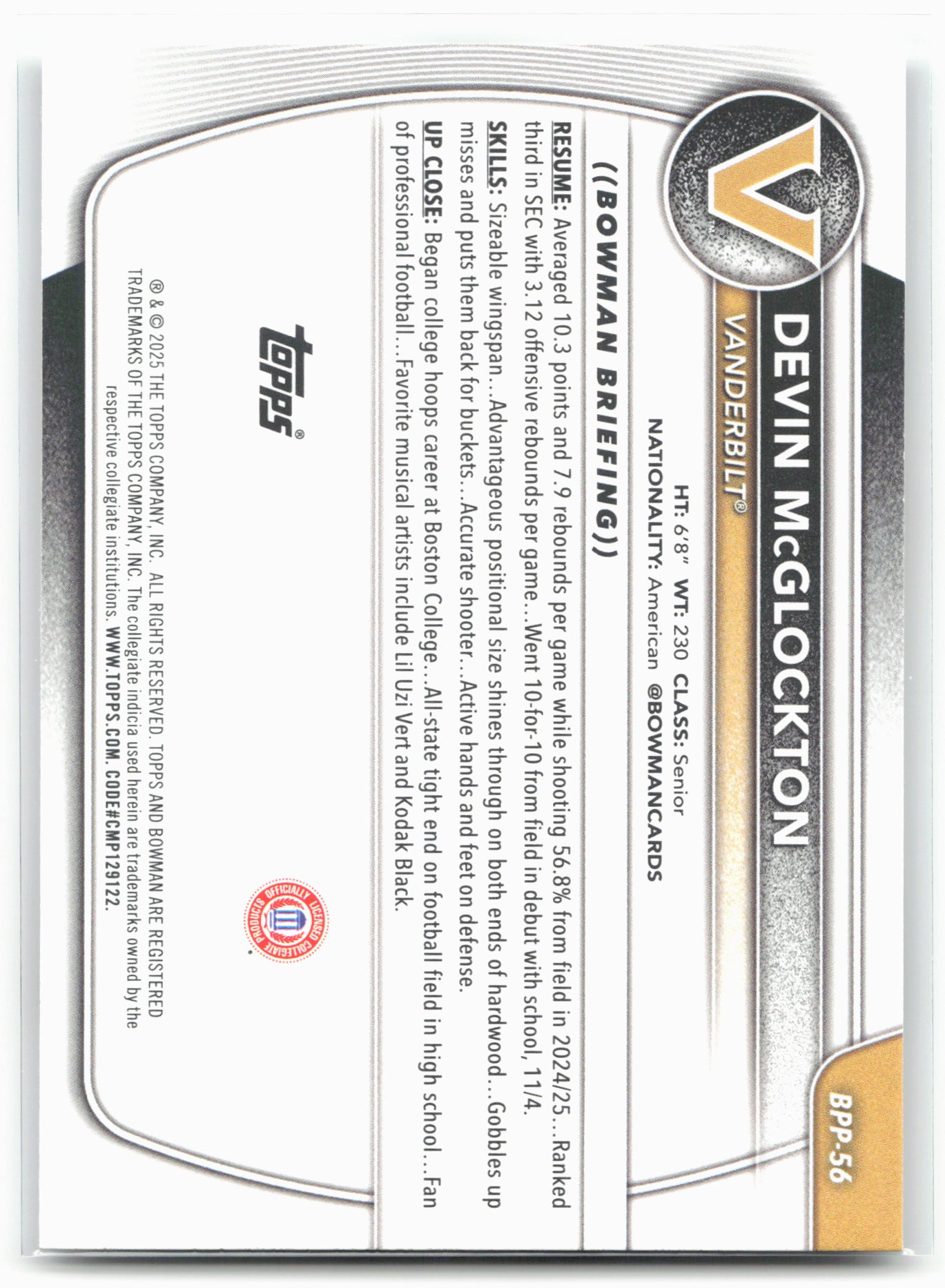 2025-26 Bowman #BPP-56 Devin McGlockton Prospects