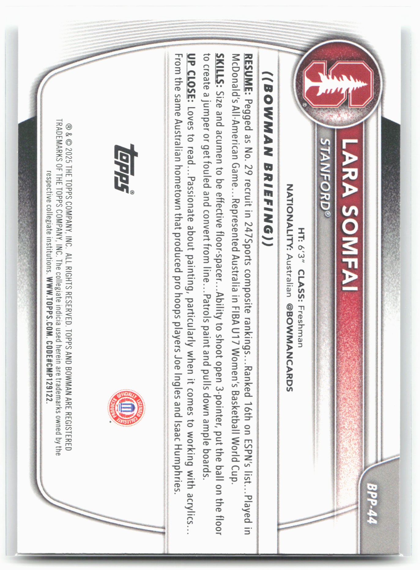 2025-26 Bowman #BPP-44 Lara Somfai Prospects