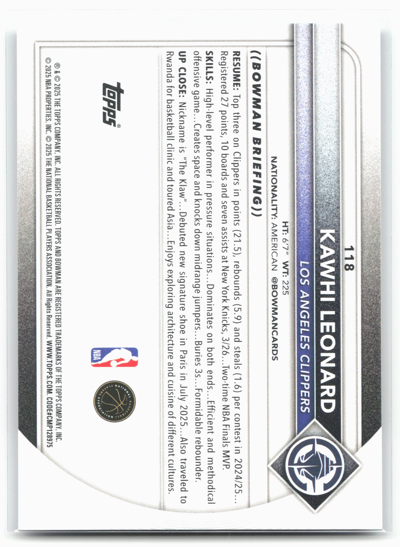 2025-26 Bowman #118 Kawhi Leonard
