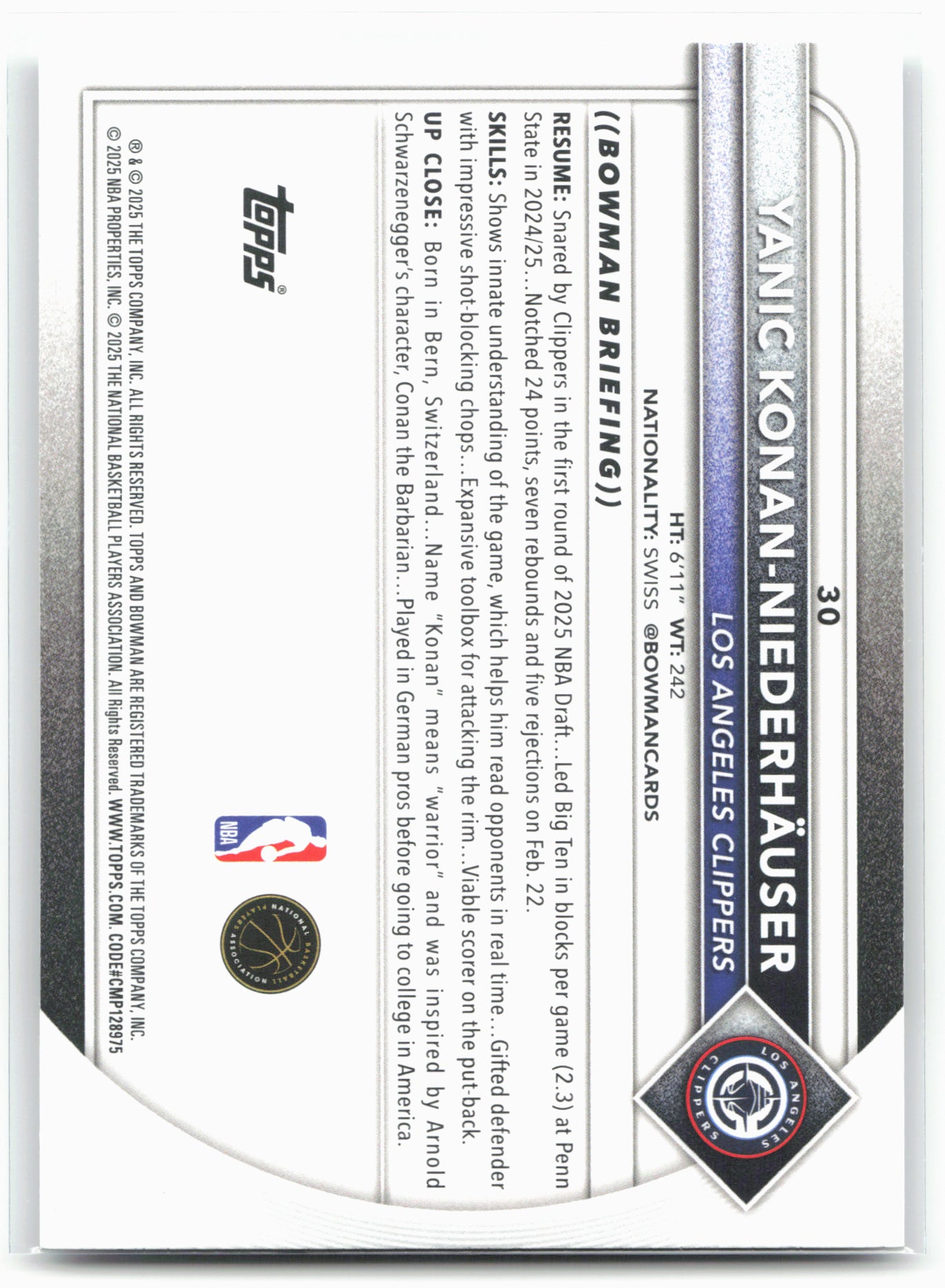 2025-26 Bowman #30 Yanic Konan Niederhäuser