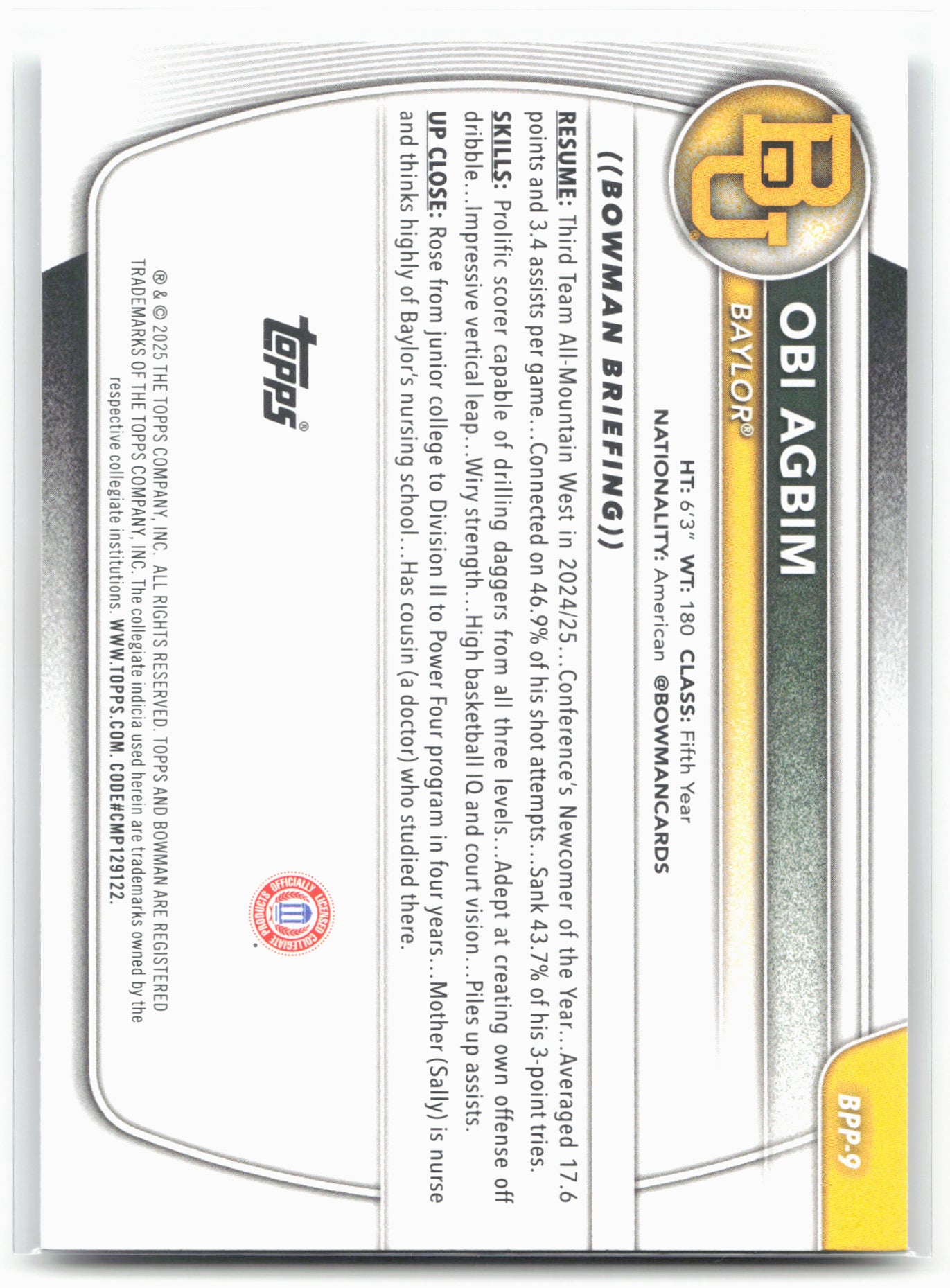 2025-26 Bowman #BPP-9 Obi Agbim Prospects 27939