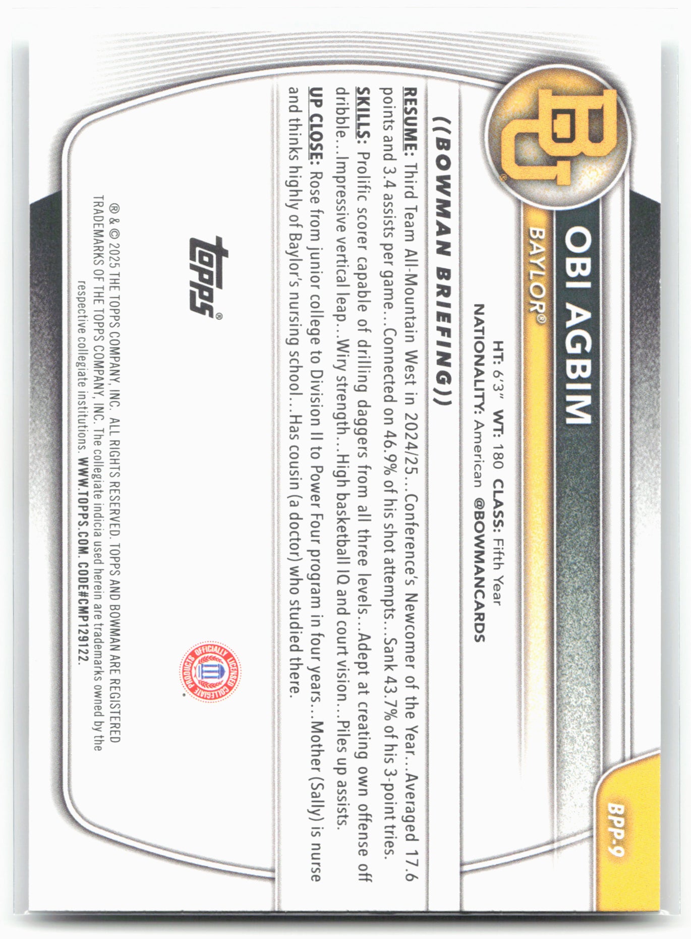 2025-26 Bowman #BPP-9 Obi Agbim Prospects