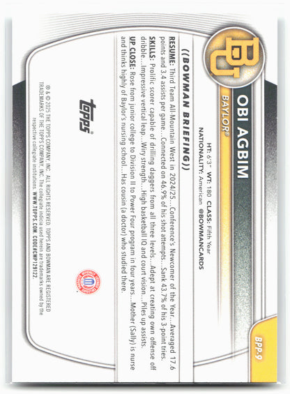 2025-26 Bowman #BPP-9 Obi Agbim Prospects