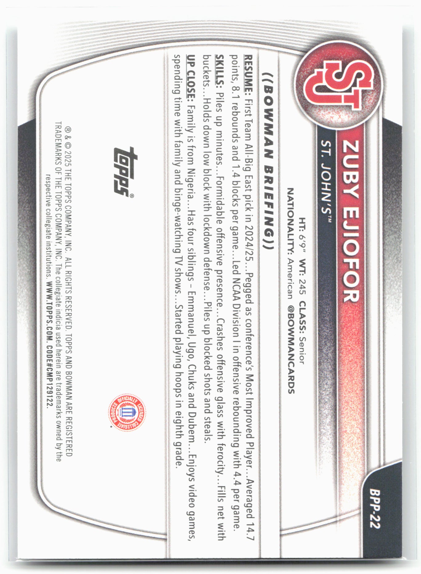 2025-26 Bowman #BPP-22 Zuby Ejiofor Prospects