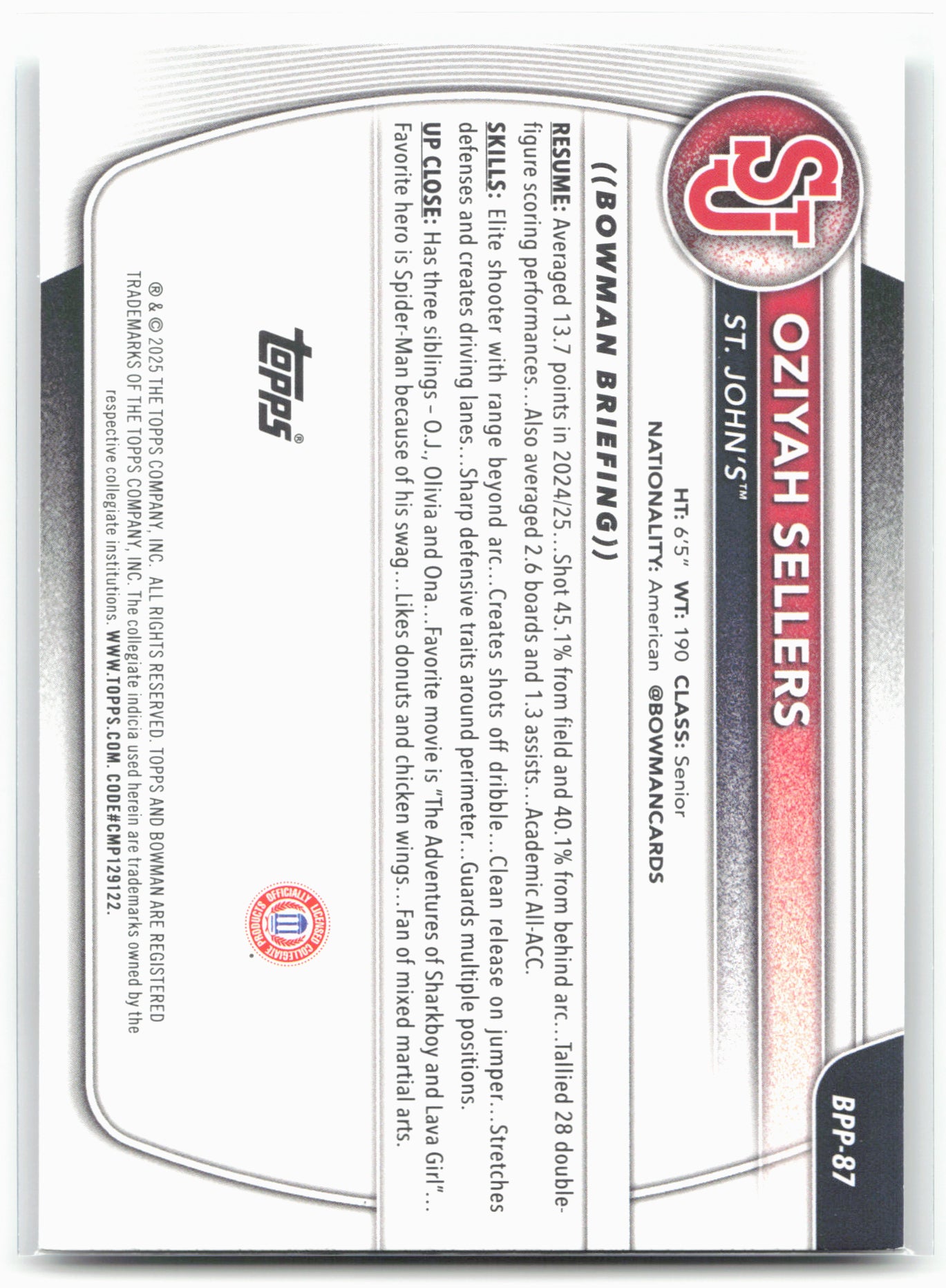 2025-26 Bowman #BPP-87 Oziyah Sellers Prospects 27945