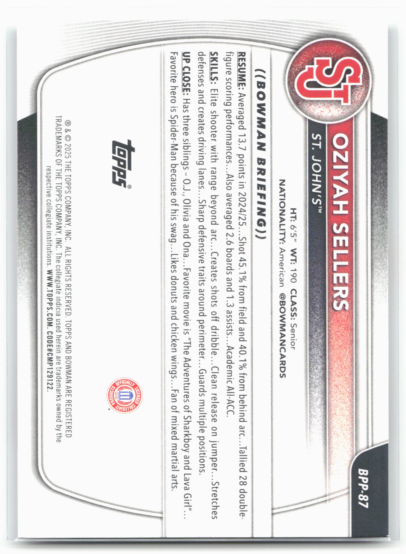 2025-26 Bowman #BPP-87 Oziyah Sellers Prospects