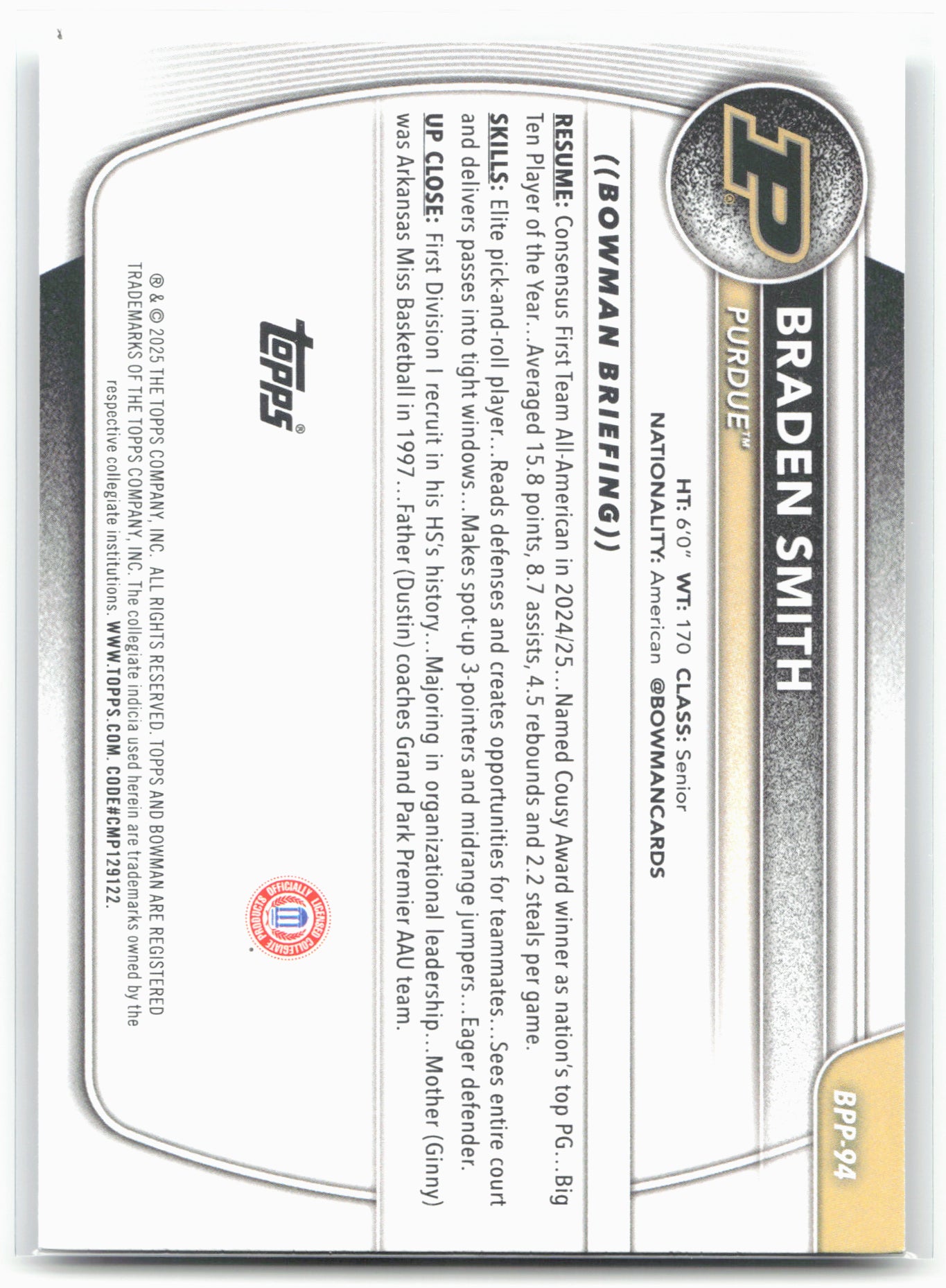 2025-26 Bowman #BPP-94 Braden Smith Prospects