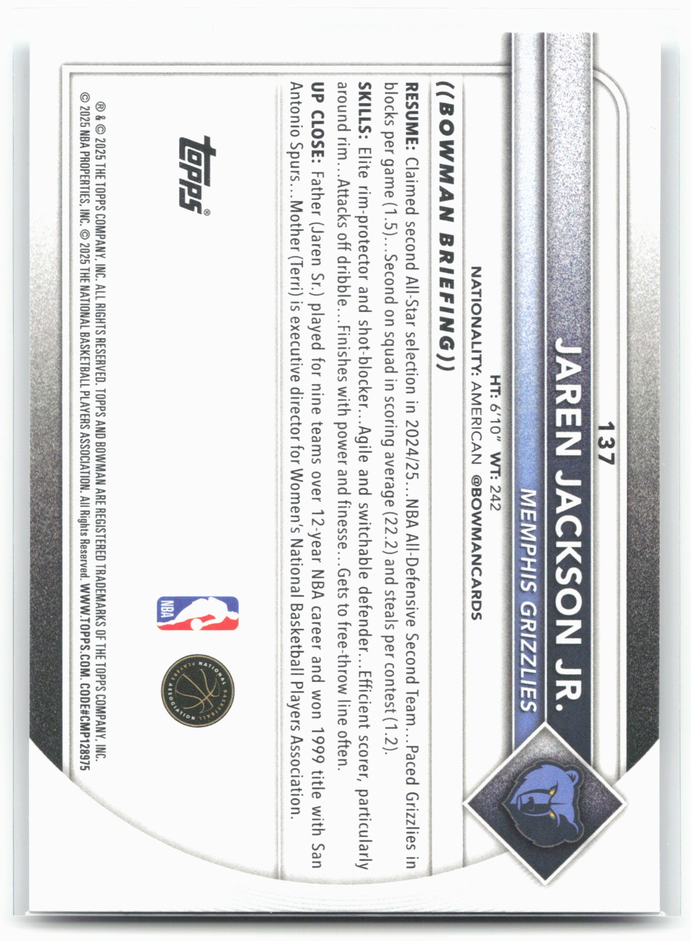 2025-26 Bowman #137 Jaren Jackson Jr.