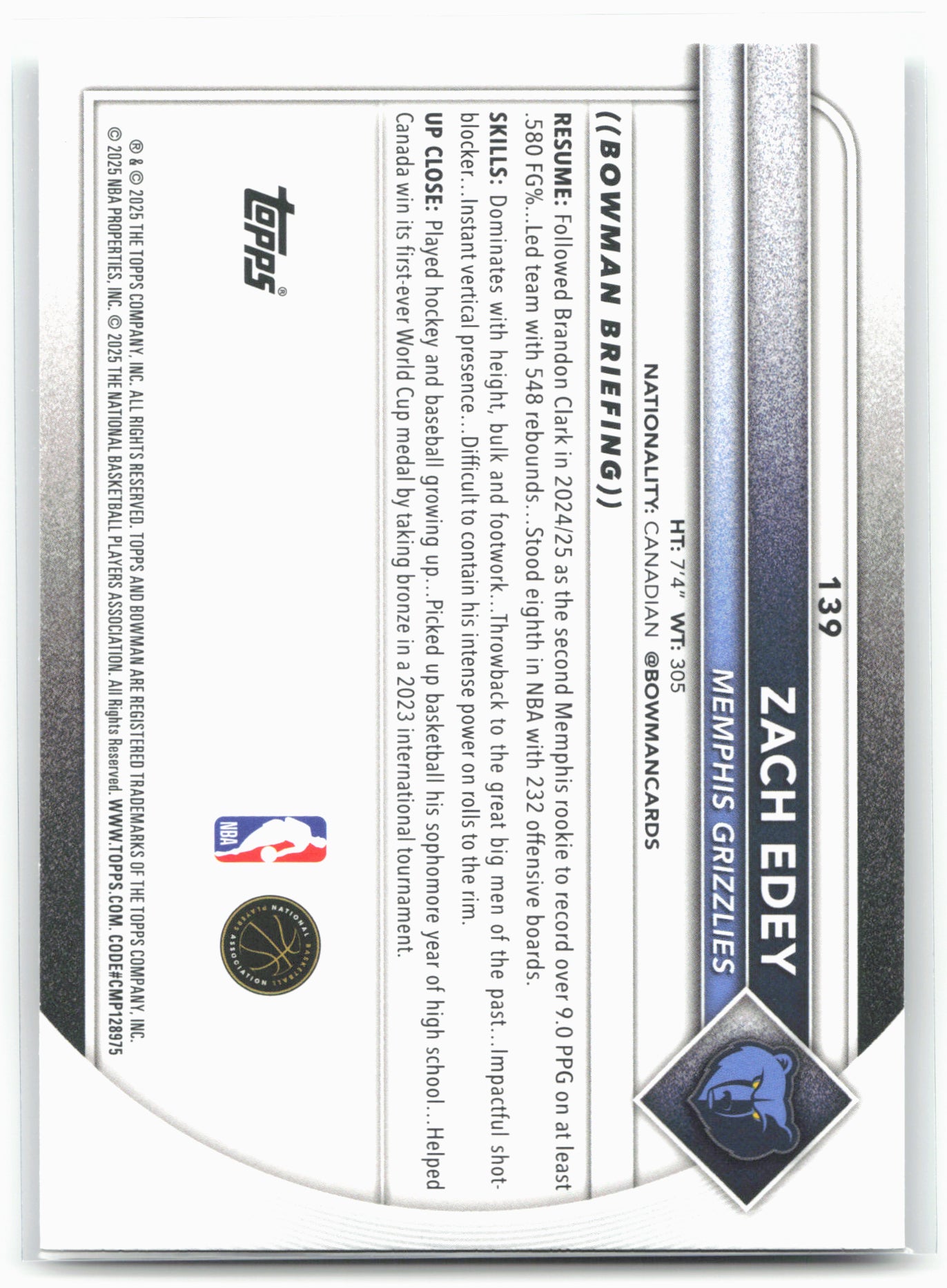2025-26 Bowman #139 Zach Edey