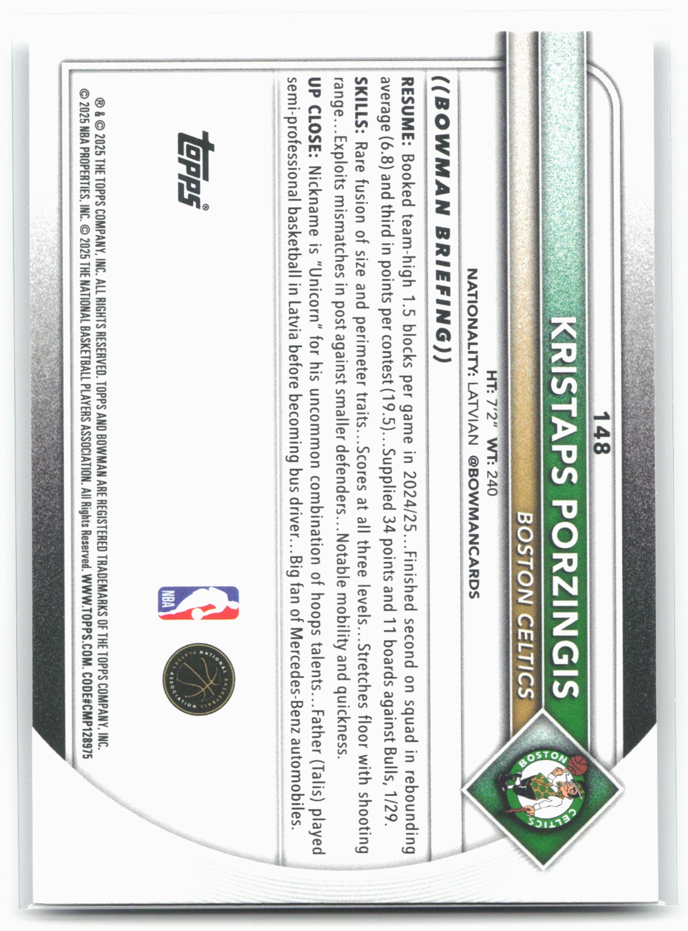 2025-26 Bowman #148 Kristaps Porzingis