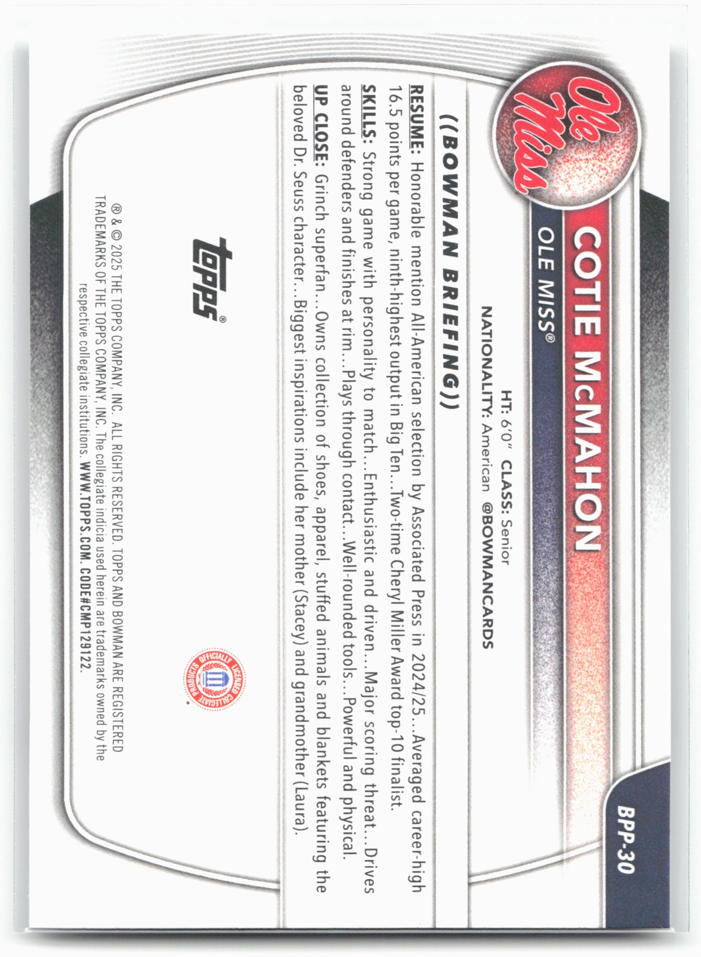 2025-26 Bowman #BPP-30 Cotie McMahon Prospects 27969