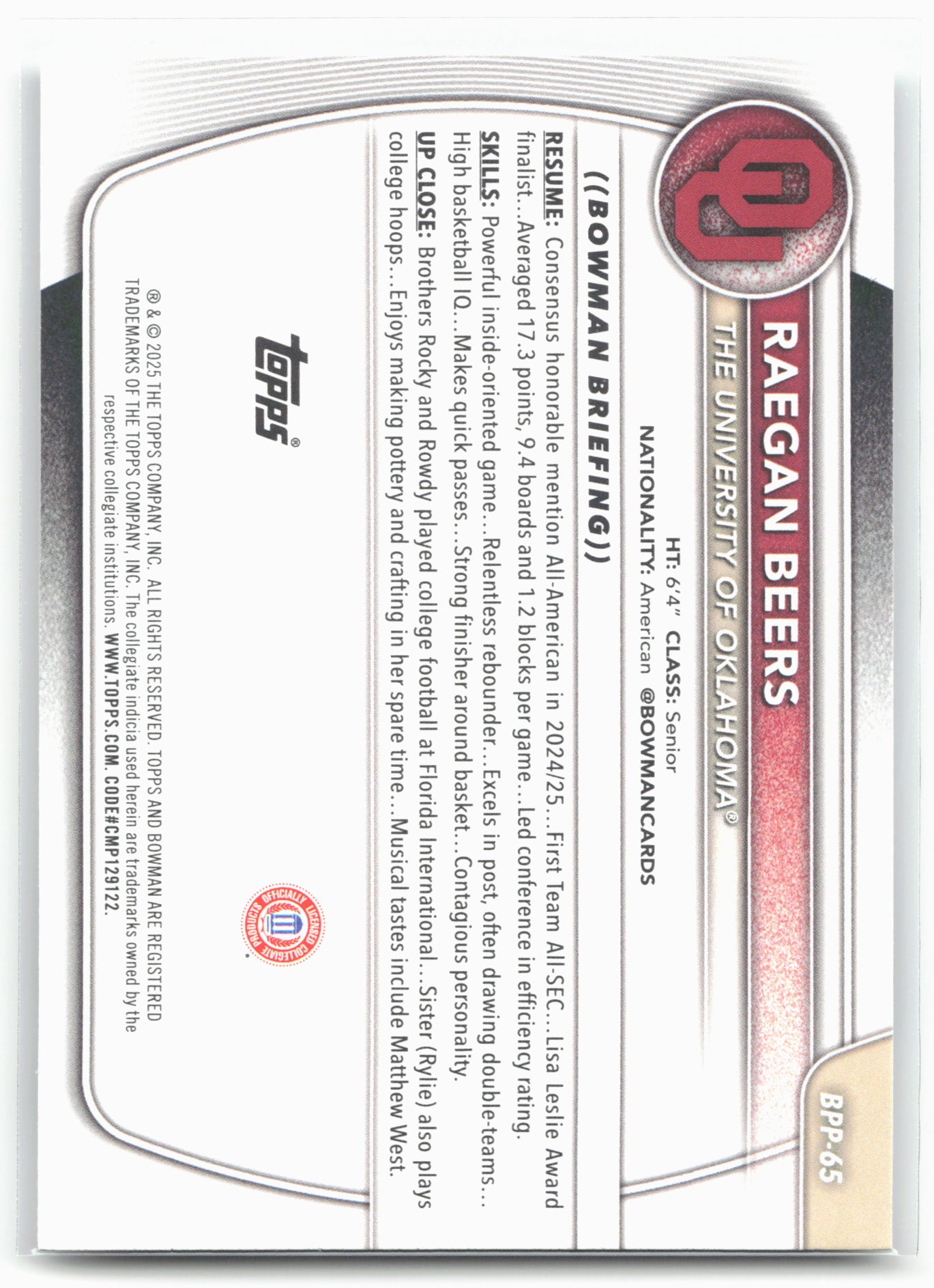 2025-26 Bowman #BPP-65 Raegan Beers Prospects
